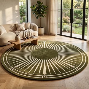 Modern <b>Round</b> Sunburst Area Rug Olive Green Geometric <b>Carpet</b> Soft Plush Circular Rug for Living Room Bedroom Home Decor - Product Image 1