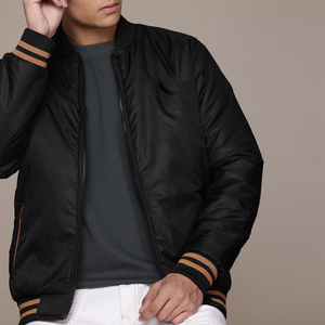 Men's <b>Black</b> Bomber <b>Jacket</b> Zipper Closure Turn-down Collar Casual Outerwear Polyester Wadding Autumn Wear - Product Image 1