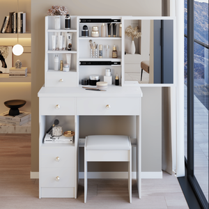 29.2\" Kids' Desktop Vanity Table Set Cushioned Stool Extra Large Right-<b>Sliding</b> Mirror <b>Small</b> Size Left Drawer Multi-Layer High - Product Image 6