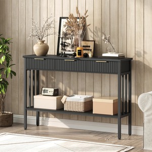 Mesa Consola Moderna para Entrada con Diseño de Cajones Acanalados, Acabado Negro y Detalles en Latón, Muebles para Sala de Estar - Product Image 6