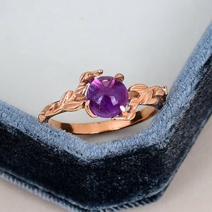 Bague pour femme en améthyste d'inspiration naturelle, argent sterling 925 massif, pierre précieuse ronde, plaqué or rose, motif feuille de vigne, bague romantique - Product Image 1