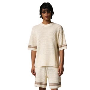 Crochet Knitted Contrast Stripe T Shirt <b>Neutral</b> Short Sleeve Textured Summer Casual Top Breathable Knitwear - Product Image 6