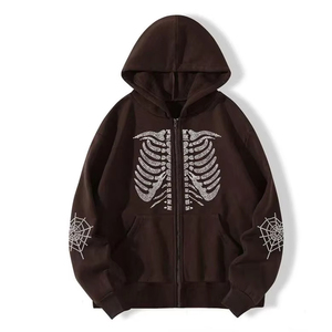 Men's Oversized Hooded Sweatshirt Black Rhinestone <b>Skeleton</b> Print Zip-Up Gothic Style Regular Sleeve Fleece Autumn Wear - Product Image 1