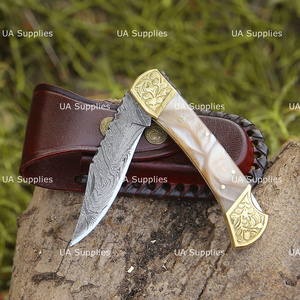Damascus Steel Professional Folding Knife Hand Engraved Brass Bolster Resin Handle Pocket Hunting Knife OEM Supplier Private - Product Image 6