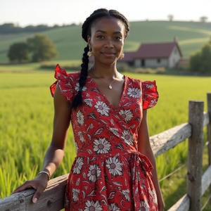 ชุดคลุมแขนกระพือสีแดงสำหรับเด็กสาวชุดเดรสผ้าฝ้ายทำจากช่างฝีมือสำหรับสวมใส่สบาย - Product Image 2