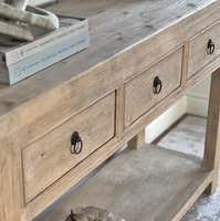 Table console rétro en bois courbé avec étagère ouverte, 3 tiroirs, accent en bois massif pour hôtels, table de canapé ronde avec poignée annulaire