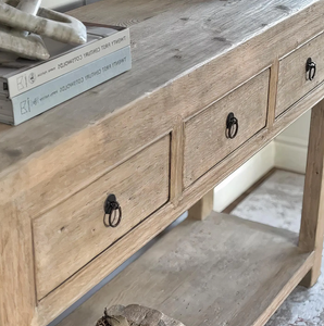 โต๊ะคอนโซลไม้โค้งสไตล์เรโทร พร้อมชั้นวางแบบเปิด 3 ลิ้นชัก ตกแต่งด้วยไม้เนื้อแข็ง สำหรับโรงแรม โต๊ะโซฟาทรงกลมพร้อมหูจับวงแหวน - Product Image 6