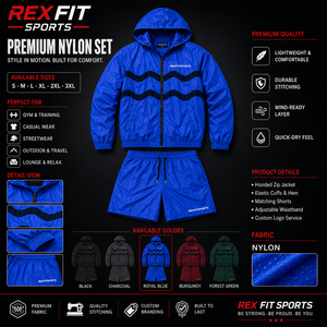 REXFIT SPORTS 2026 เสื้อแจ็คเก็ตมีฮู้ดและกางเกงขาสั้นผ้าไนลอนสีน้ำเงินรอยัลสำหรับผู้ชายแบบสั่งทำพิเศษ ชุดกีฬาแจ็คเก็ตกันลมน้ำหนักเบา - Product Image 1