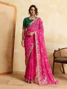 Sari Bordado Bandhani de Diseño para Mujer |   Sari Étnico con Bordado Floral Zari para Fiestas, con Blusa a Juego - Product Image 2