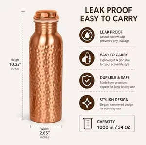 Ayurveda health benefit <b>bottle</b> Pure Copper Water <b>Bottle</b> Hammered Finish Vintage Design Portable Travel Drinkware With Lid - Product Image 3