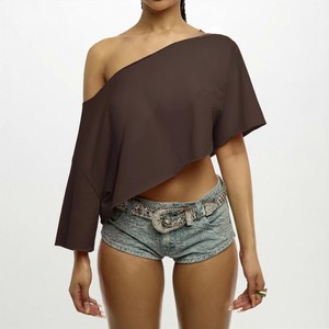 Hot Selling Women's <b>One</b> Shoulder Asymmetric Crop <b>Top</b> Solid Color Loose Fit Three Quarter Sleeve Woven Polyester Summer <b>Tops</b> - Product Image 1