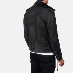 <b>Men's</b> <b>Black</b> Genuine Leather Moto <b>Jacket</b> With Zipper Closure Turn-down Collar Slim Fit Regular Length Autumn Style - Product Image 2