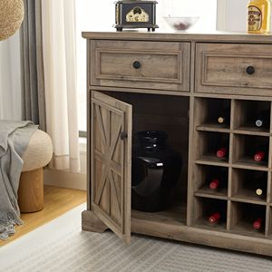 Credenza Stile Fattoria con 2 Cassetti e Bar Portabottiglie Rimovibile, con Ripiani e Portabottiglie per Conservazione Liquori - Product Image 4