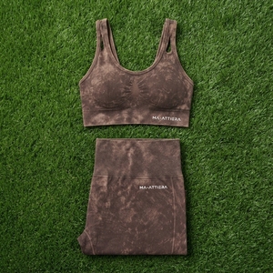 <b>Women</b> <b>Brown</b> Acid Wash Yoga Set Racerback Sports Bra High Waist Seam Detail <b>Leggings</b> Gym Fitness Workout Activewear - Product Image 4