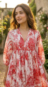 Vestido Mini de Gasa con Estampado Floral, Cuello en V, Corte Holgado, Manga con Volantes, Vestido Casual de Verano para Mujer, Hermoso Estampado, Cómodo - Product Image 4