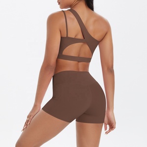 One shoulder yoga set High waist shorts yoga Seamless crop top set Solid color activewear 2 piece yoga outfit - Product Image 6
