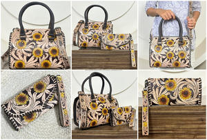 Mejor Oferta: Conjunto de Dos Piezas de Bolso y Cartera de Cuero Grabado a Mano con Diseño de Girasol, Estilo Western, Bolso Bandolera y Conjunto de Equipaje - Product Image 3