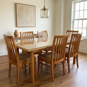 Solid Teak Wood <b>Dining</b> Table <b>Set</b> <b>6</b> Slat Back <b>Chairs</b> Rectangular Modern Minimalist Kitchen Furniture Cushioned Seating Suite - Product Image 3