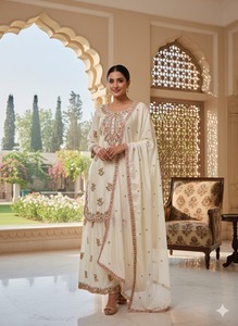 Cream Chinon Embroidered Top With Plazzo And Dupatta Traditional <b>Indian</b> Ethnic Wear For Wedding <b>Indian</b> Boutique LAtest Exclusive - Product Image 2