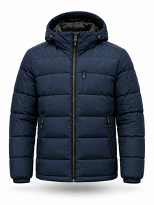 Chaqueta Acolchada con Capucha para Hombre, Color Azul Marino, Cálida, Resistente al Viento, Cierre Frontal con Cremallera, Color Sólido, Relleno de Poliéster, Corte Regular - Product Image 1