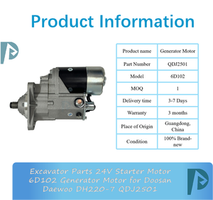 Pièces d'excavateur, moteur de démarrage 24V, générateur 6D102 pour Doosan Daewoo DH220-7 QDJ2501 - Product Image 3
