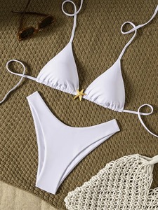 Conjunto de Bikini Blanco con Tirantes, Traje de Baño para Mujer con Decoración de Estrella de Mar, Color Sólido, Elástico, Ropa de Playa, Bikini de Dos Piezas - Product Image 5