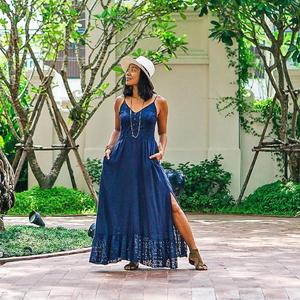 Robe longue bohème bleu marine pour femme, bretelles spaghetti, ourlet en dentelle, tenue décontractée pour l'été et les vacances - Product Image 3