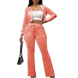 Ensemble haut court à capuche en velours rose pour femme et pantalon évasé taille haute, manches longues, style décontracté, toutes saisons, couleur unie - Product Image 6