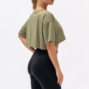 Women's <b>Olive</b> <b>Green</b> Oversized Crop Top Short Sleeve Crew Neck Regular Fit Solid Color Eco-Friendly Quick Dry Breathable <b>T</b>-<b>Shirt</b> - Product Image 4