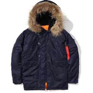 Veste d'hiver décontractée pour homme en duvet bleu marine avec capuche en fourrure, coupe-vent, longueur normale, fermeture éclair simple - Product Image 1