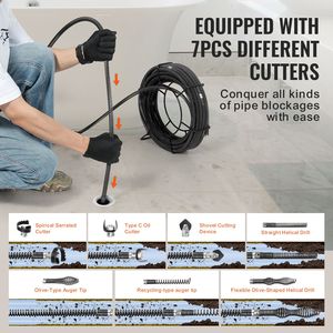 Câble de déboucheur professionnel de 66 pieds x 5/8 pouce avec 7 coupeurs pour tuyaux creux de 0,8 à 3,9 pouces - Product Image 4