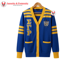Wholesale Custom Sigma Gamma Rho <b>Cardigan</b> <b>Women</b> V Neck Solid 7GG <b>Chunky</b> Wool Acrylic Casual Sorority Knitwear Anti-Wrinkle - Product Image 1