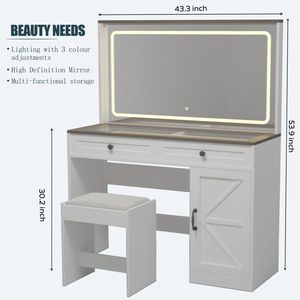 43.3\" <b>Makeup</b> Vanity Dresser Table with Large <b>Mirror</b> LED Light Strip Adjustable Brightness Dressing Desk 3 - Product Image 4