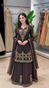 Brown Embroidered Silk <b>Indian</b> Pakistani Set Long Sleeve Anarkali <b>Kurta</b> Palazzo Dupatta Wrinkle Free Festive Formal Wear - Product Image 1