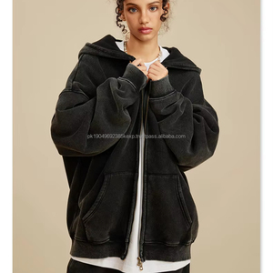 Ensemble de sweat à capuche en coton mélangé unisexe surdimensionné 355g, motif imprimé zippé personnalisé avec lavage à l'acide pour hommes, teint uni pour le printemps - Product Image 5