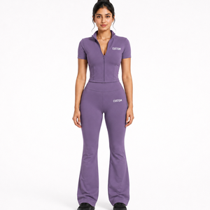 Ensemble de yoga 2 pièces pour femme, séchage rapide, extensible, haut zippé à manches courtes et pantalon évasé taille haute pour la gym, la course et les activités sportives - Fabricant - Product Image 1