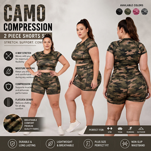 Ensemble de sport 2 pièces camouflage pour femme, grande taille, avec haut court à manches courtes et short de yoga - Product Image 4