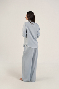 Pantalones de mujer azules de verano con cintura elástica, venta al por mayor, casuales, de ajuste holgado, de pierna ancha, lisos, de mezcla de seda, transpirables, de lana, antiarrugas - Product Image 3