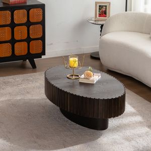 Tavolino da Caffè Ovale in Legno Artigianale con Robusto Piedistallo a Forma di Oliva per Soggiorno - Product Image 1