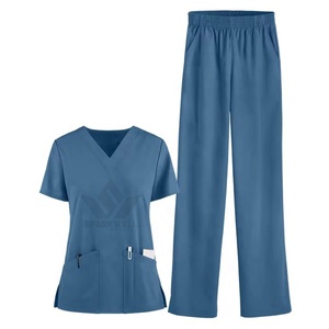 Ensemble de blouses médicales pour femmes, col en V, manches courtes, plusieurs poches, pantalon à taille élastique, uniforme de travail pour les soignants - Product Image 1
