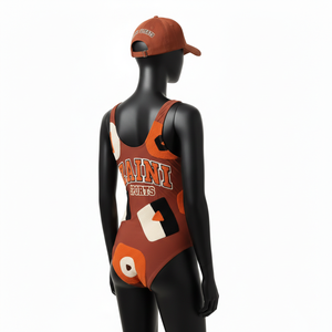 Traje de Baño Deportivo de Una Pieza para Mujer, Tejido Elástico Grueso de Poliéster y Spandex, Paneles Marrón y Naranja, Logotipo Personalizado - Product Image 5