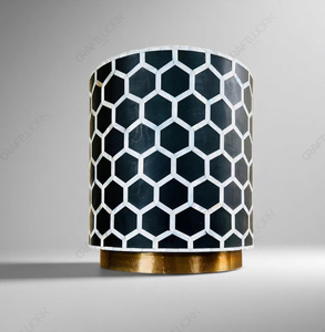 <b>Black</b> Bone Inlay Solid Wood Modern Handcrafted Honeycomb Hexagon Pattern Drum <b>Side</b> <b>Table</b> Gold Base Luxury Accent Furniture - Product Image 2