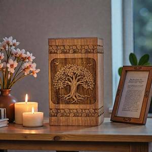 Urne funéraire artisanale en bois avec arbre de vie sculpté, urne de crémation pour cendres humaines, souvenir commémoratif, urnes faites à la main - Product Image 4