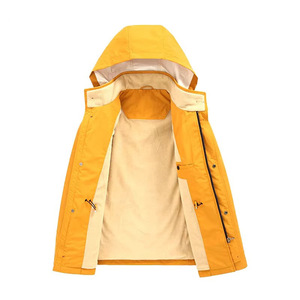 Veste à capuche pour homme coupe-vent et hydrofuge, jaune moutarde beige, doublée, fermeture éclair sur le devant, patte de boutonnage à pression, poche à rabat, parka décontractée - Product Image 3