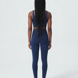 Custom <b>Navy</b> Blue 2-Piece Yoga Set Scoop Neck Racerback <b>Crop</b> Top High Waist Full Length <b>Leggings</b> Heat-Transfer Printed Logo Front - Product Image 6