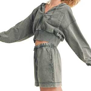 Ensemble sweat à capuche court et short pour femme, taille plus, vintage, en coton délavé à l'acide, avec fermeture éclair, logo personnalisé, respirant, hiver 2026 - Product Image 4