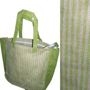 Striped jute Shopping <b>Bag</b> With Zipper Closure Large Size For Groceries Green And Pink Pattern Hand Carry Handle - Product Image 3