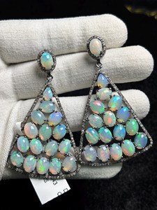 Ethiopian Opal Diamond Earring Pave Diamond Earrings 925 Sterling Silver Handmade <b>Oxidized</b> Dongle Diamond Earring Gift For Her - Product Image 4