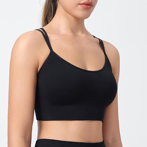 Women Ribbed Sports Bra Scoop Neck Spaghetti Strap Medium Support Breathable Yoga Tank Top Solid Color Design Sports Bra - Product Image 2
