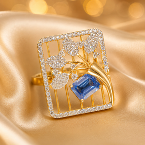 Luxury 14K <b>Gold</b> Square Floral <b>Ring</b> with Blue Stone Center and Sparkling CZ Border Jewelry for Women - Product Image 2
